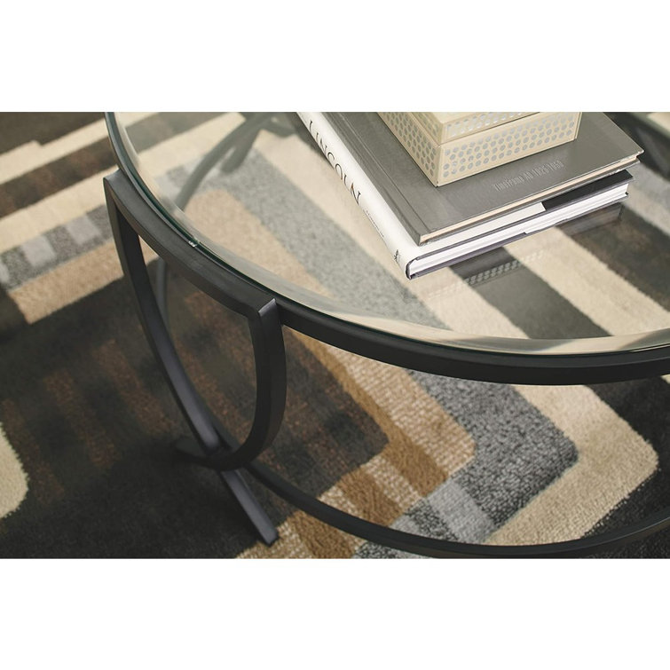 ArcX Contemporary Black Round Coffee Table Set with Tempered Glass