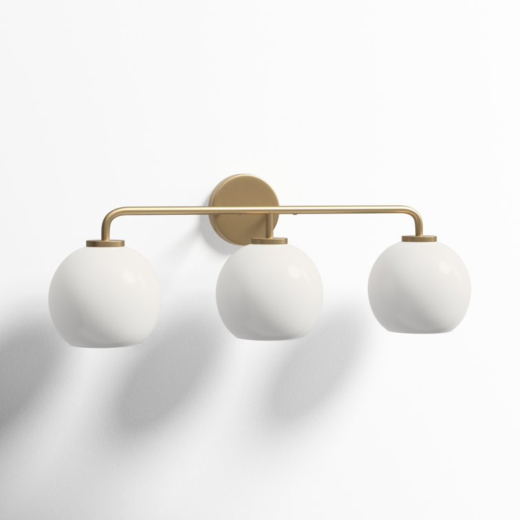Satin Brass 3-Light Vanity Fixture with White Globe Shades