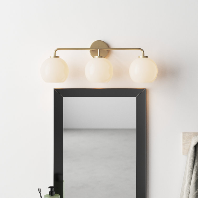 Satin Brass 3-Light Vanity Fixture with White Globe Shades
