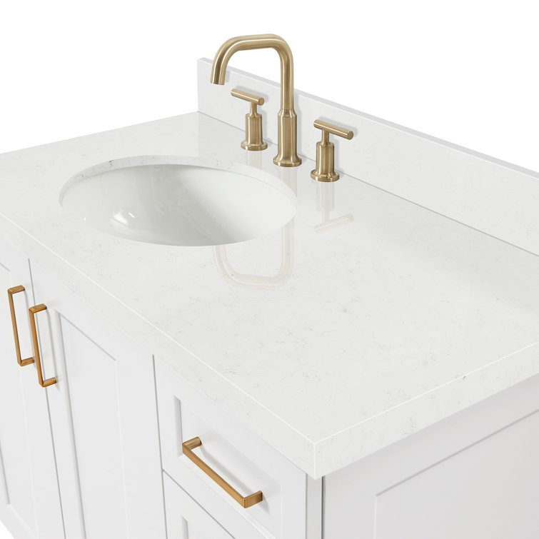 Taylor White Quartz Single Basin Freestanding Vanity with Gold Hardware