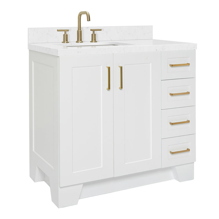 White Quartz Single Basin Freestanding Vanity with Gold Hardware