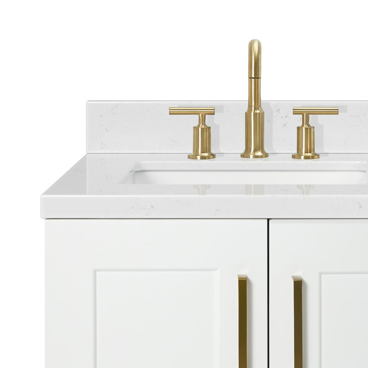 White Quartz Single Basin Freestanding Vanity with Gold Hardware