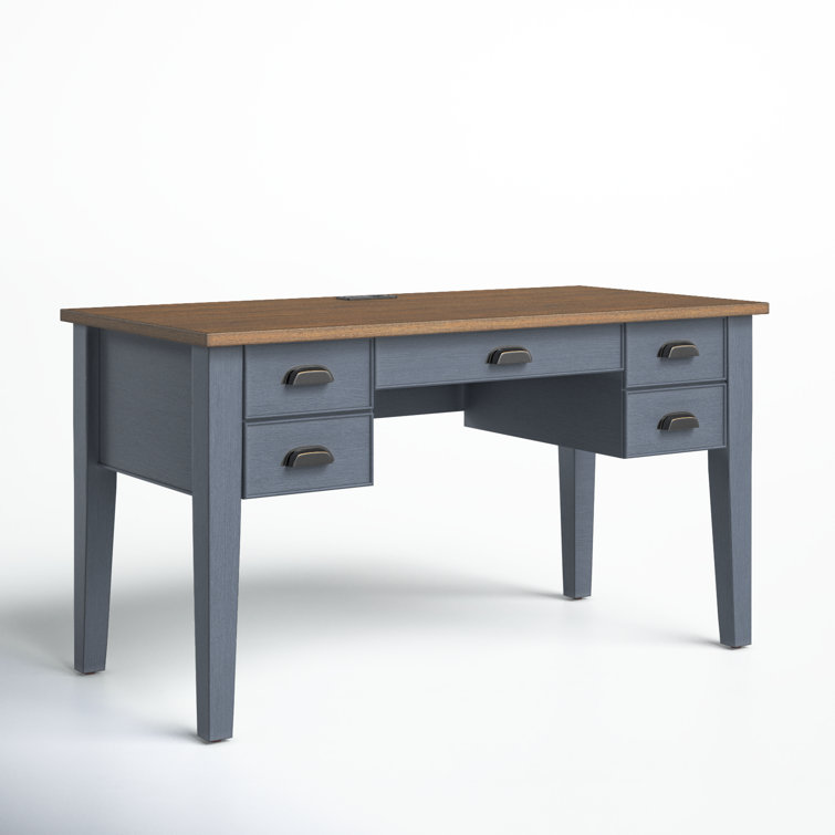 Transitional Blue-Brown Wood Executive Desk with Power Outlet and Drawers