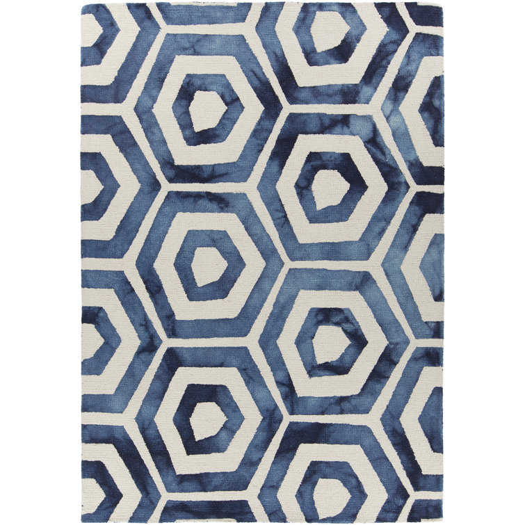 Handmade Blue Wool Geometric Area Rug, 7'9" x 10'6"