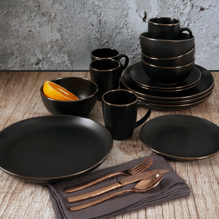 Matte Black Ceramic Dinnerware Set with Gold Rim, Service for 4