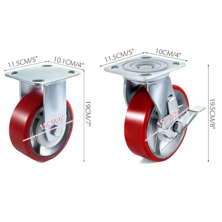 Heavy Duty 6" Polyurethane Swivel and Rigid Casters with Brake