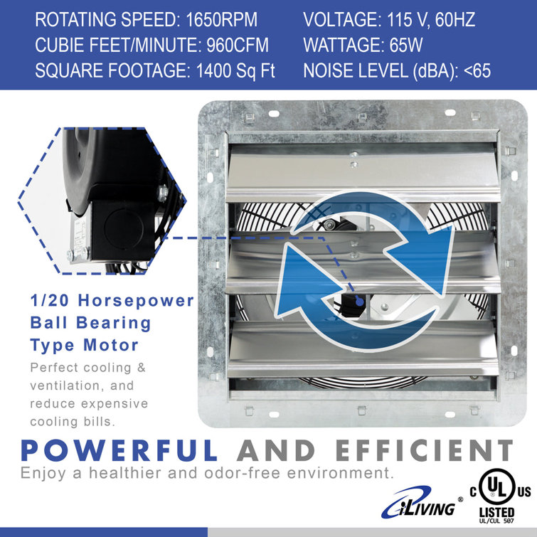 12" Silver Wall Mounted Shutter Exhaust Fan with Thermospeed Controller