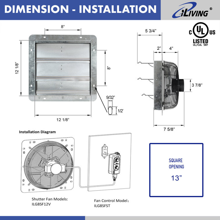 12" Silver Wall Mounted Shutter Exhaust Fan with Thermospeed Controller
