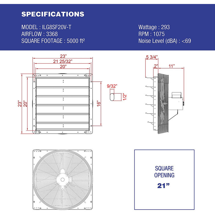 iLiving 20 Inch Wall-Mounted Shutter Exhaust Fan with Thermostat