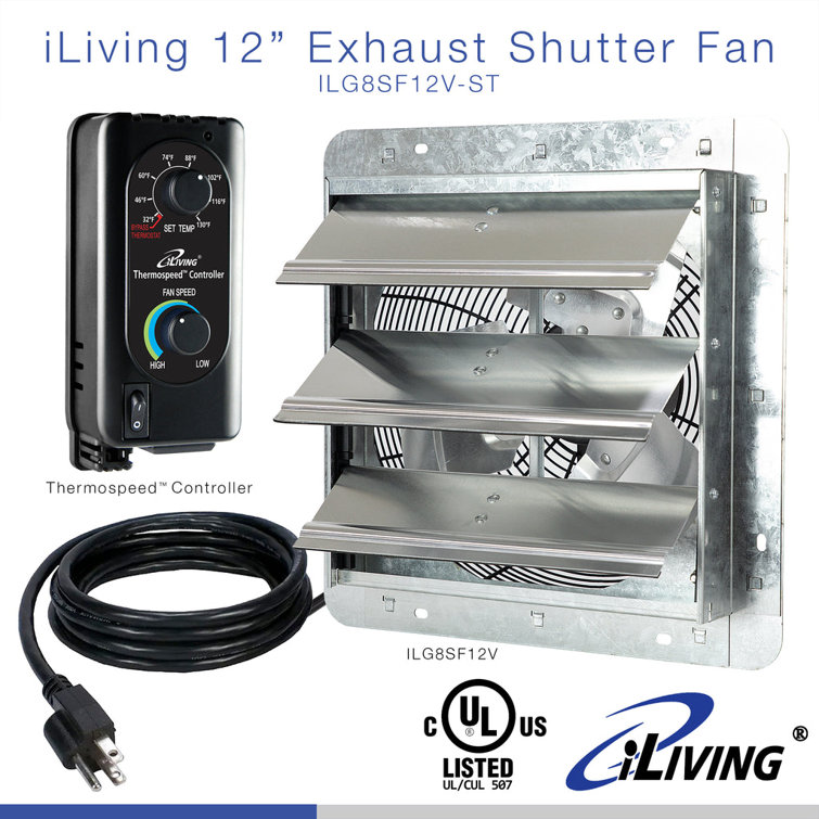 12" Silver Wall Mounted Shutter Exhaust Fan with Thermospeed Controller