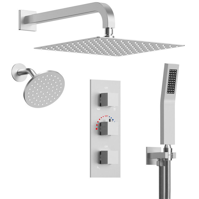 Brushed Nickel Dual Shower System with Handheld Spray and Thermostatic Valve