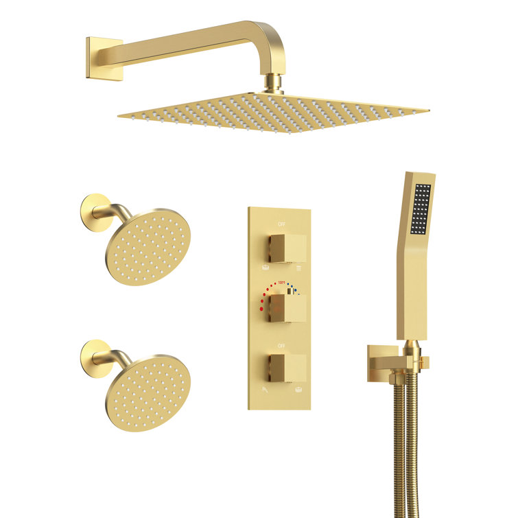 Gold Thermostatic 12" Triple Showerhead System with Handheld