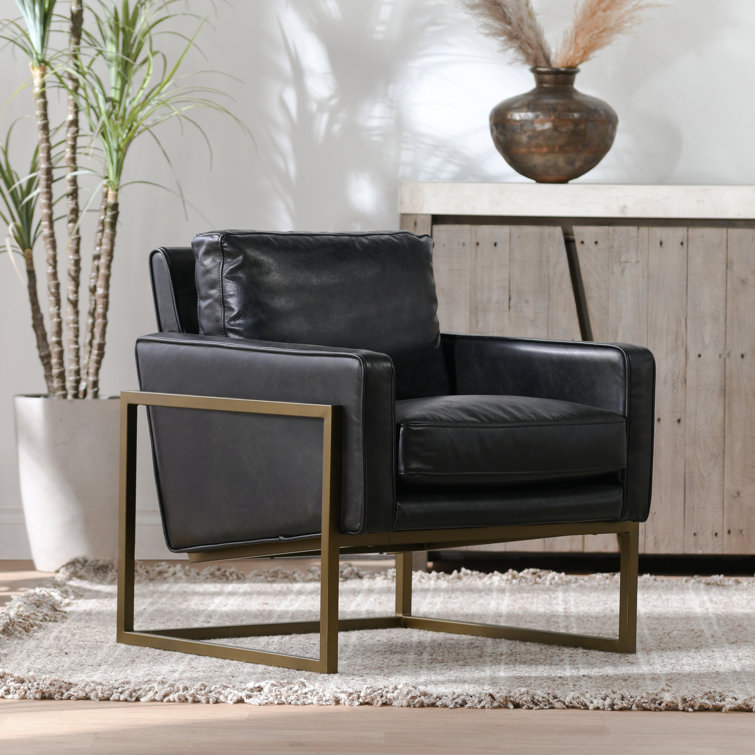 Transitional Black Leather Accent Chair with Brass Metal Frame