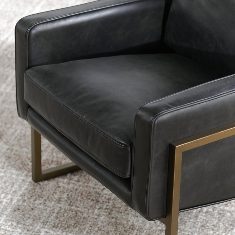 Transitional Black Leather Accent Chair with Brass Metal Frame
