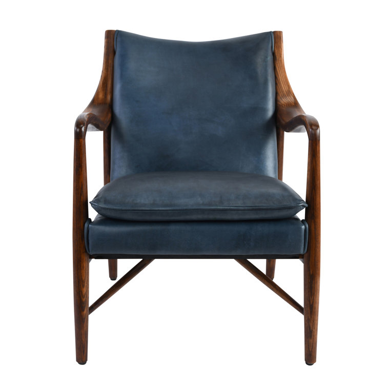 Dark Blue Genuine Leather Accent Chair with Wood Frame