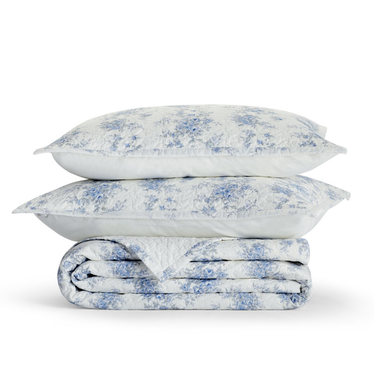 White and Blue Floral Cotton Full Quilt Set