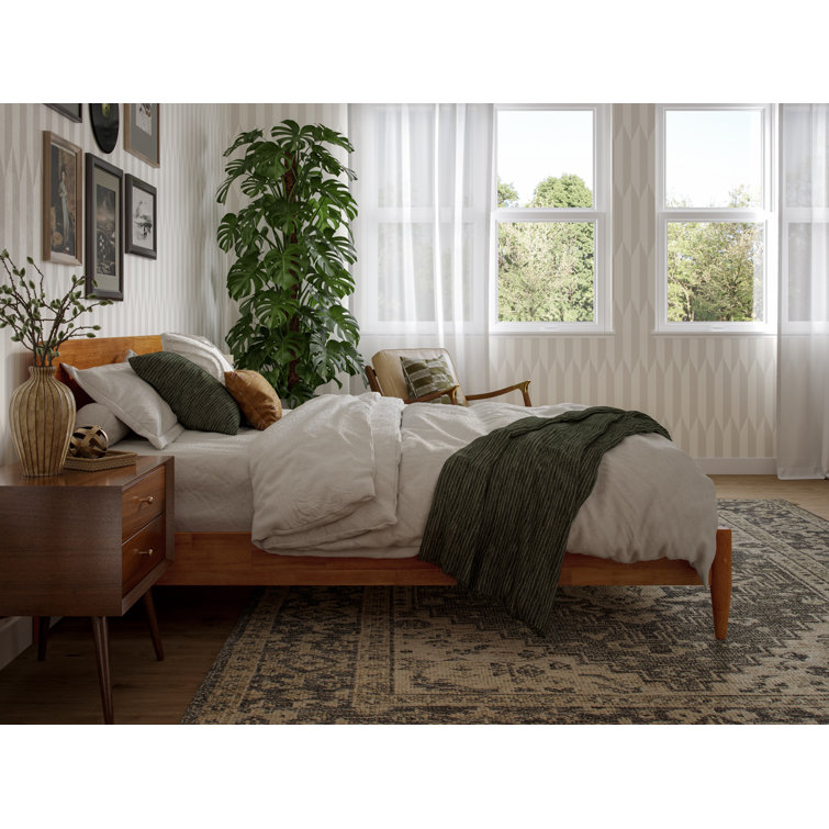 Light Toffee Full Solid Wood Low Profile Platform Bed with Adjustable Headboard