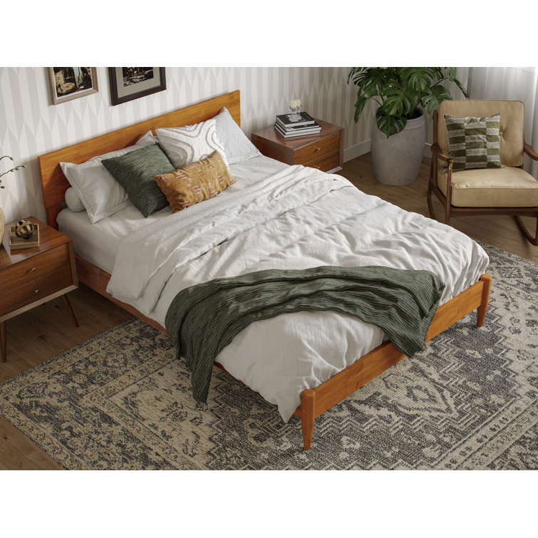 Light Toffee Full Solid Wood Low Profile Platform Bed with Adjustable Headboard