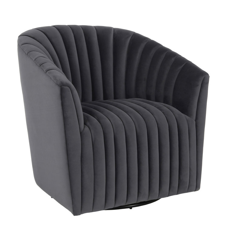 Handcrafted Gray Polyester Swivel Barrel Chair with Solid Wood Frame