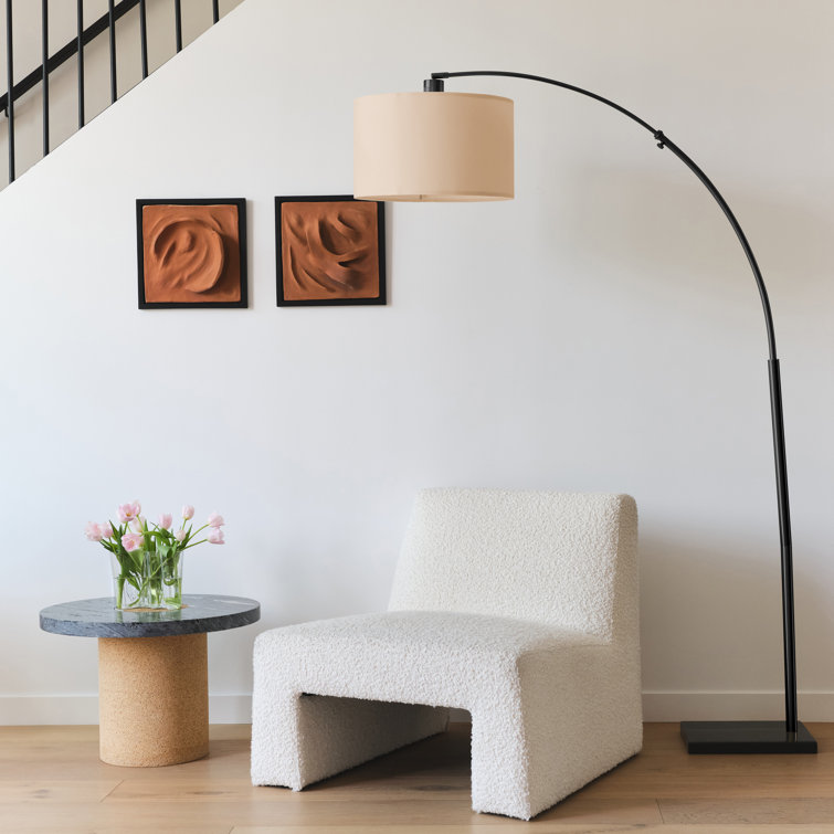 Logan Adjustable 76" Black LED Arc Floor Lamp with Beige Drum Shade