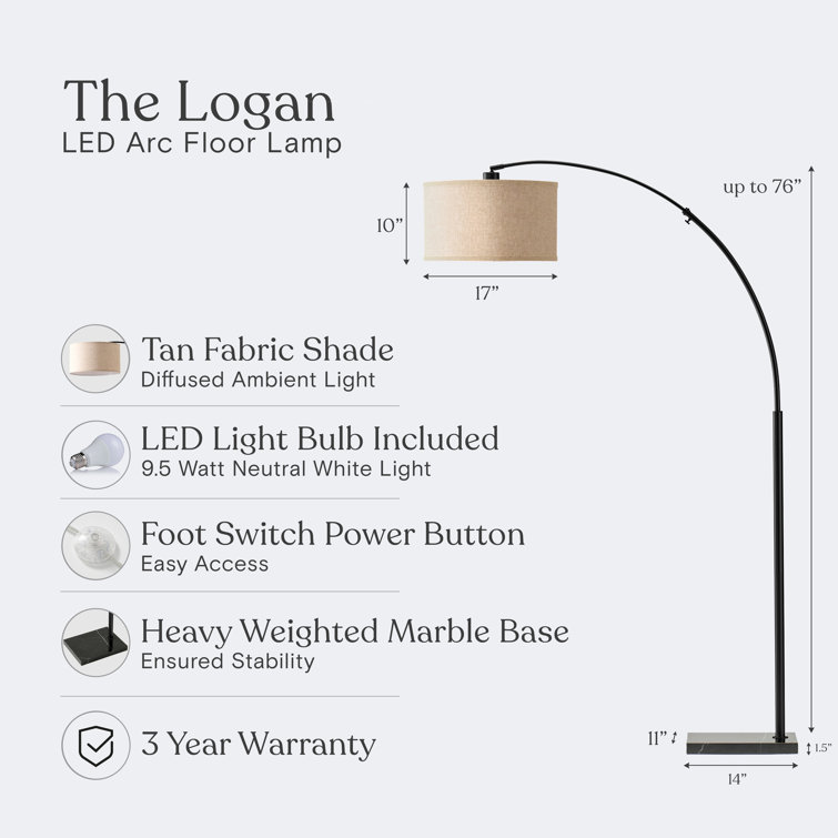 Logan Adjustable 76" Black LED Arc Floor Lamp with Beige Drum Shade