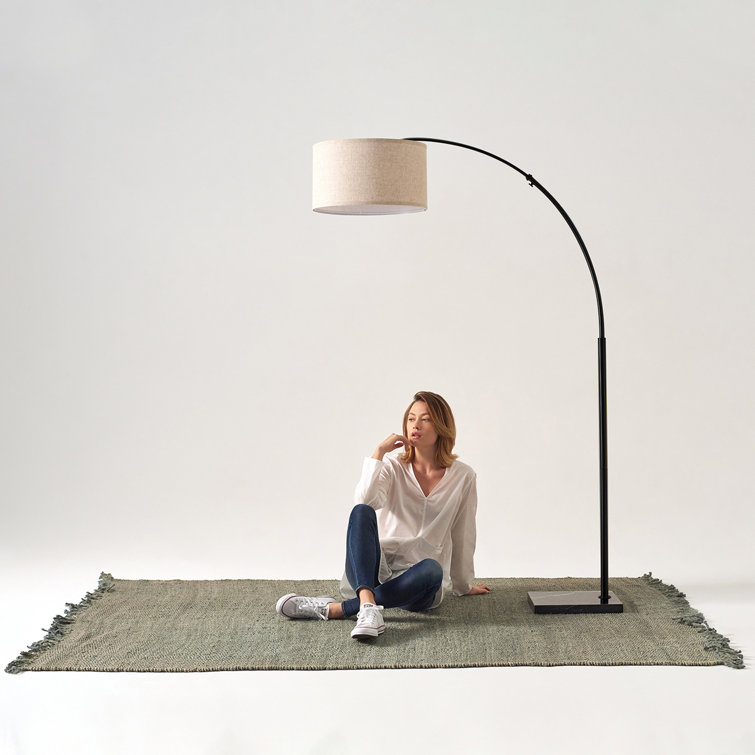 Logan Adjustable 76" Black LED Arc Floor Lamp with Beige Drum Shade