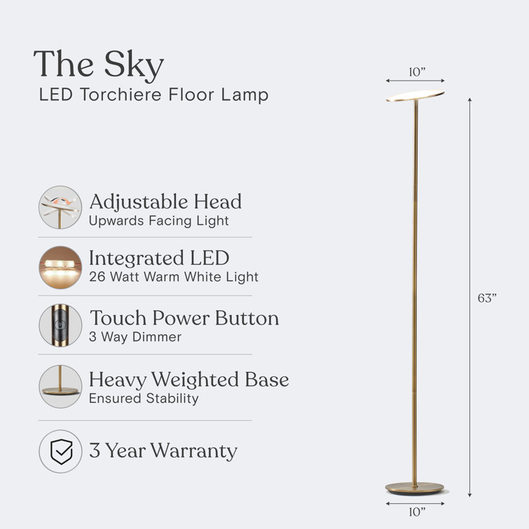 Brass Adjustable LED Torchiere Floor Lamp with 3-Way Switch