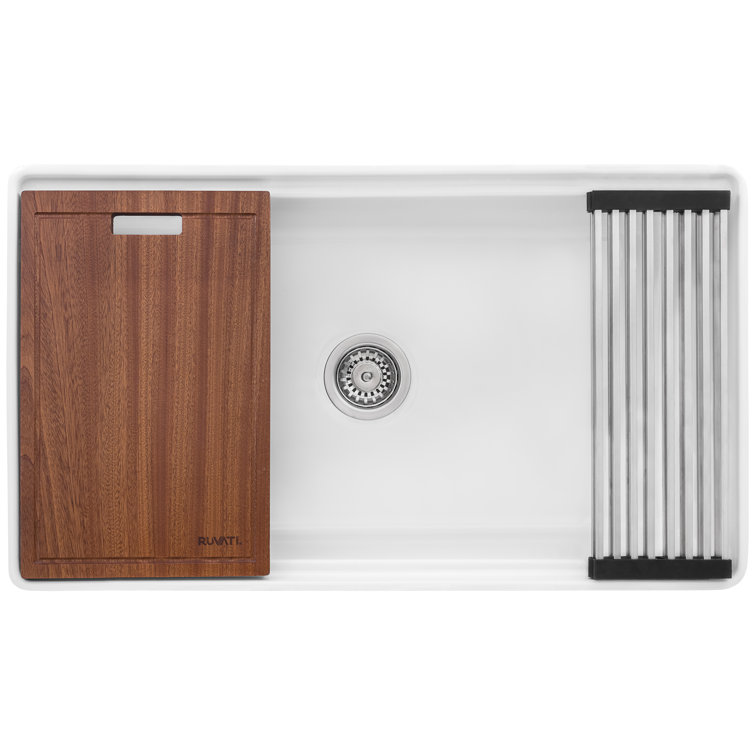 Ruvati 33" White Fireclay Farmhouse Workstation Kitchen Sink