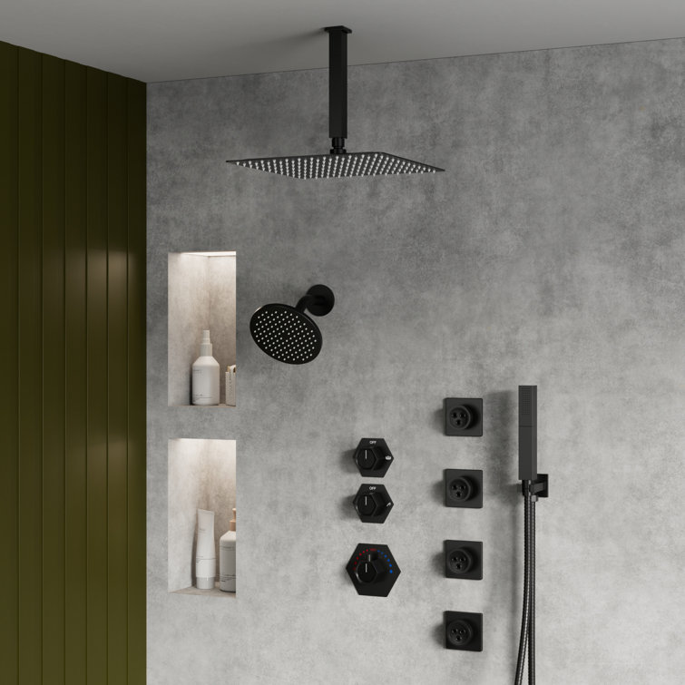 Matte Black Large Square Brass Ceiling Mounted Shower System