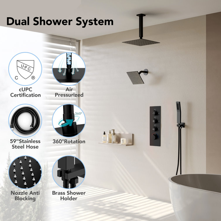 Matte Black Stainless Steel Dual Shower Head System with Thermostatic Valve