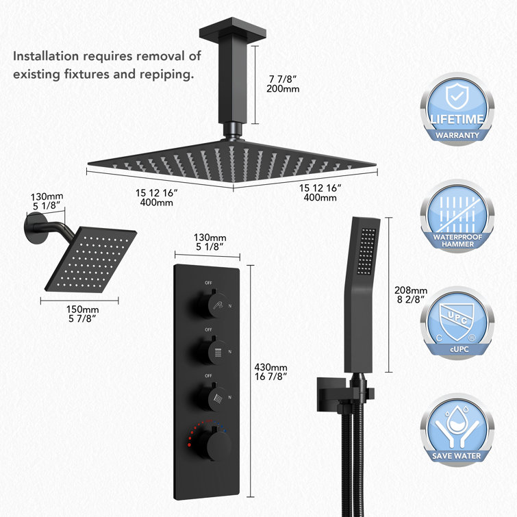 Matte Black Stainless Steel Dual Shower Head System with Thermostatic Valve
