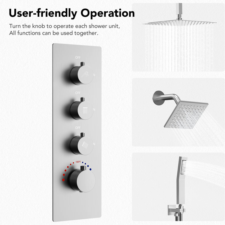 Brushed Nickel Dual Shower Head System with Thermostatic Valve