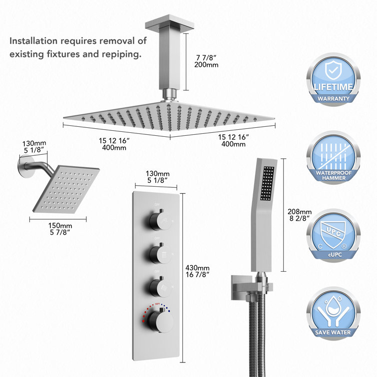 Brushed Nickel Dual Shower Head System with Thermostatic Valve