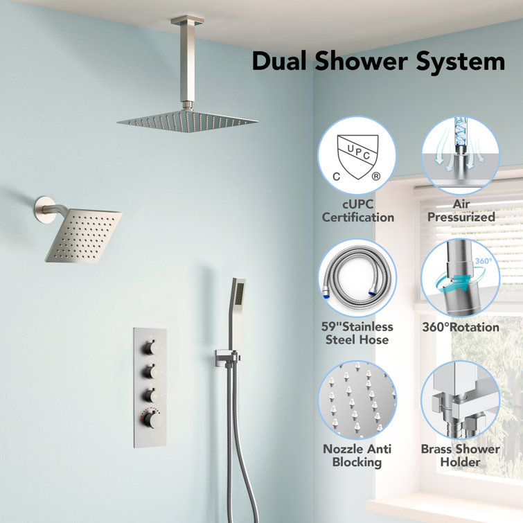 Brushed Nickel Dual Shower Head System with Thermostatic Valve