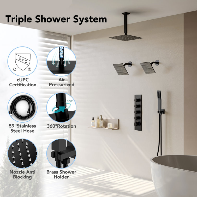 Matte Black 16" Stainless Steel Multi-Head Shower System
