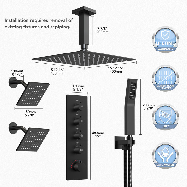 Matte Black 16" Stainless Steel Multi-Head Shower System