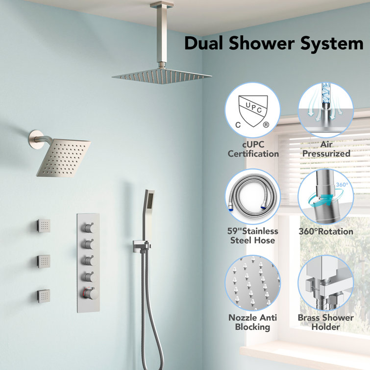 16" Brushed Nickel Dual Shower Head System with Thermostatic Valve