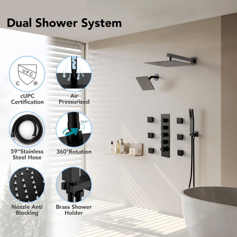 Matte Black Dual Shower Head System with Thermostatic Valve and Body Jets