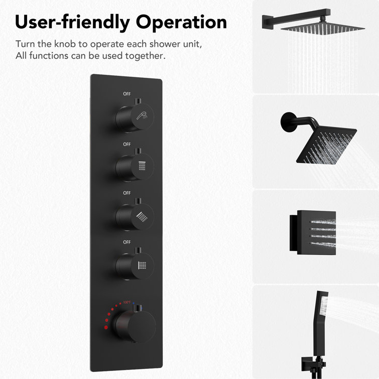 Matte Black Dual Shower Head System with Thermostatic Valve and Body Jets