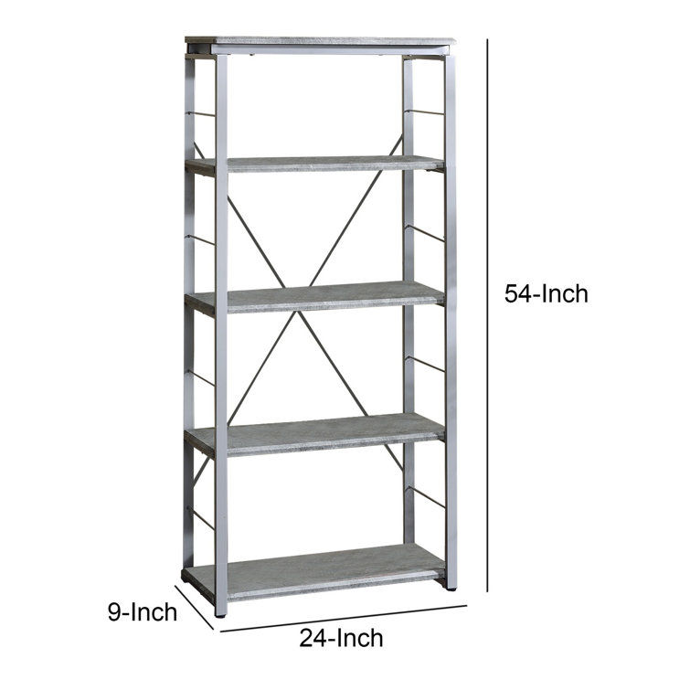 Gray Wood and Metal Industrial 4-Shelf Bookcase