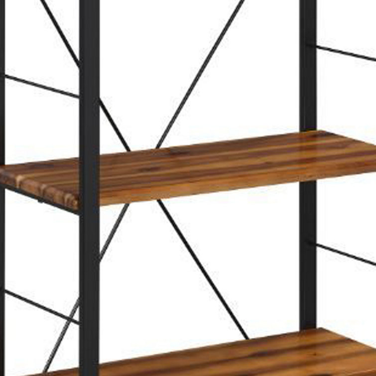 Industrial Oak Brown Bookshelf with Open Metal Frame and X-Shape Support