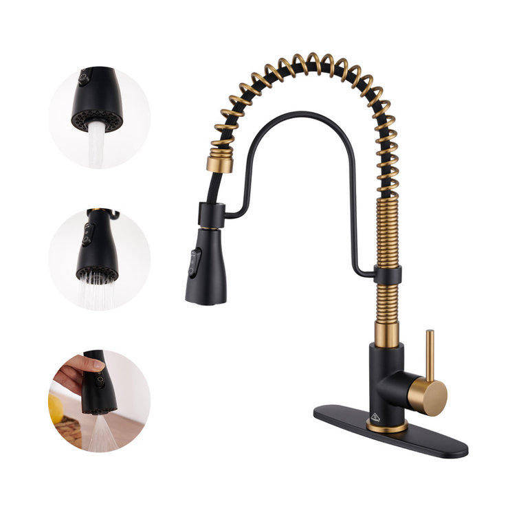 Matte Black and Brushed Gold Stainless Steel Pull Down Kitchen Faucet