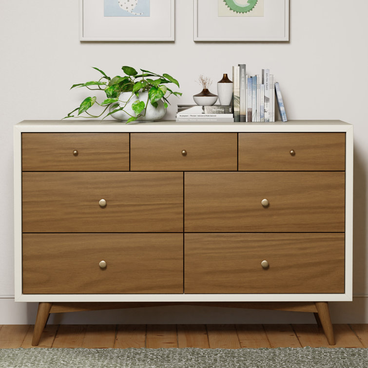 Palma Mid-Century Modern 7-Drawer Dresser with Brushed Metal Hardware