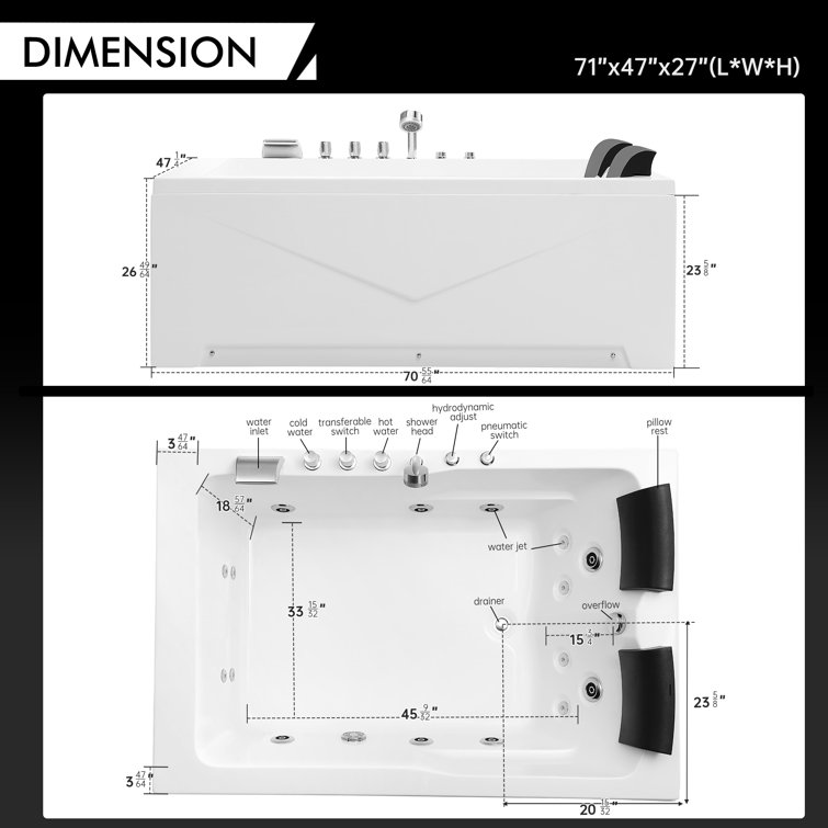 71'' White Acrylic Alcove Whirlpool Bathtub with Jets