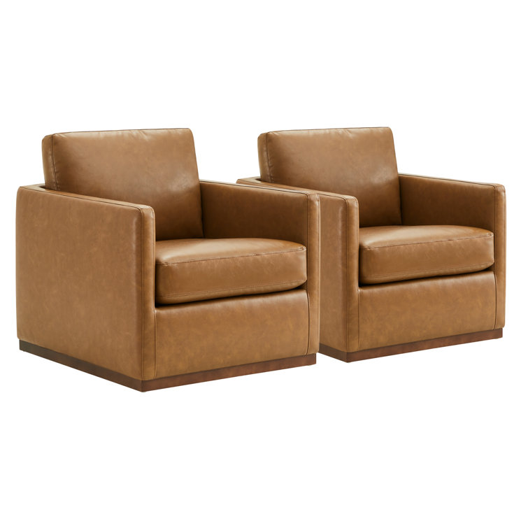 Saddle Brown Faux Leather Swivel Accent Chair Set with Wood Base