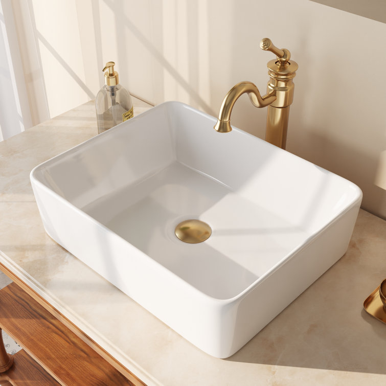 White Ceramic Rectangular Above-Counter Bathroom Vessel Sink