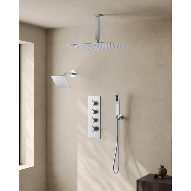 Brushed Nickel Dual Shower Head System with Thermostatic Valve