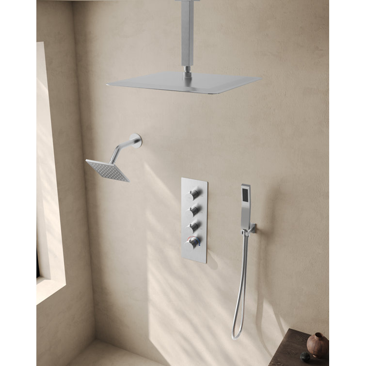 Brushed Nickel Dual Shower Head System with Thermostatic Valve