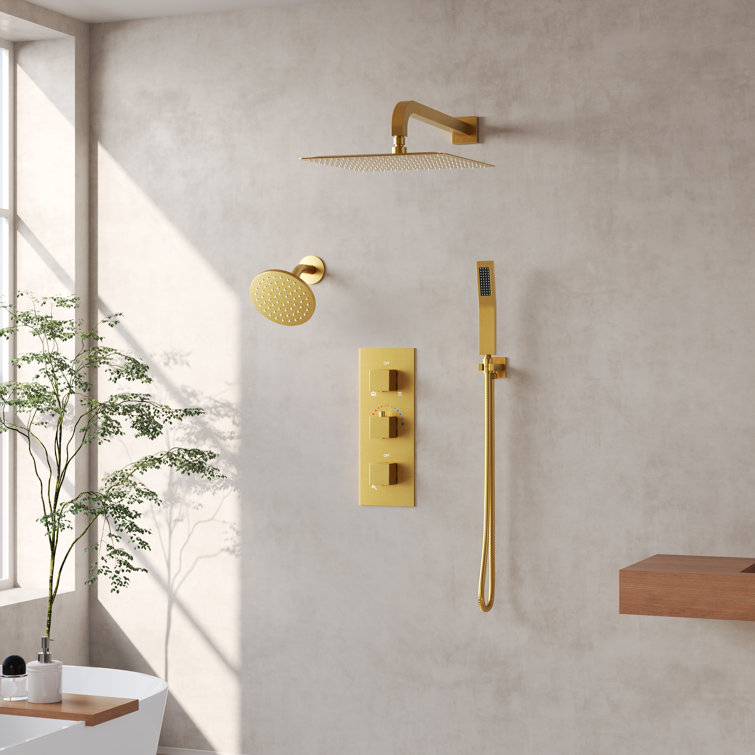 Brushed Gold Dual Shower System with Handheld and Rain Heads