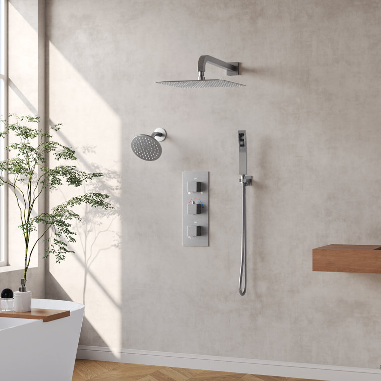Brushed Nickel Dual Shower System with Handheld Spray and Thermostatic Valve